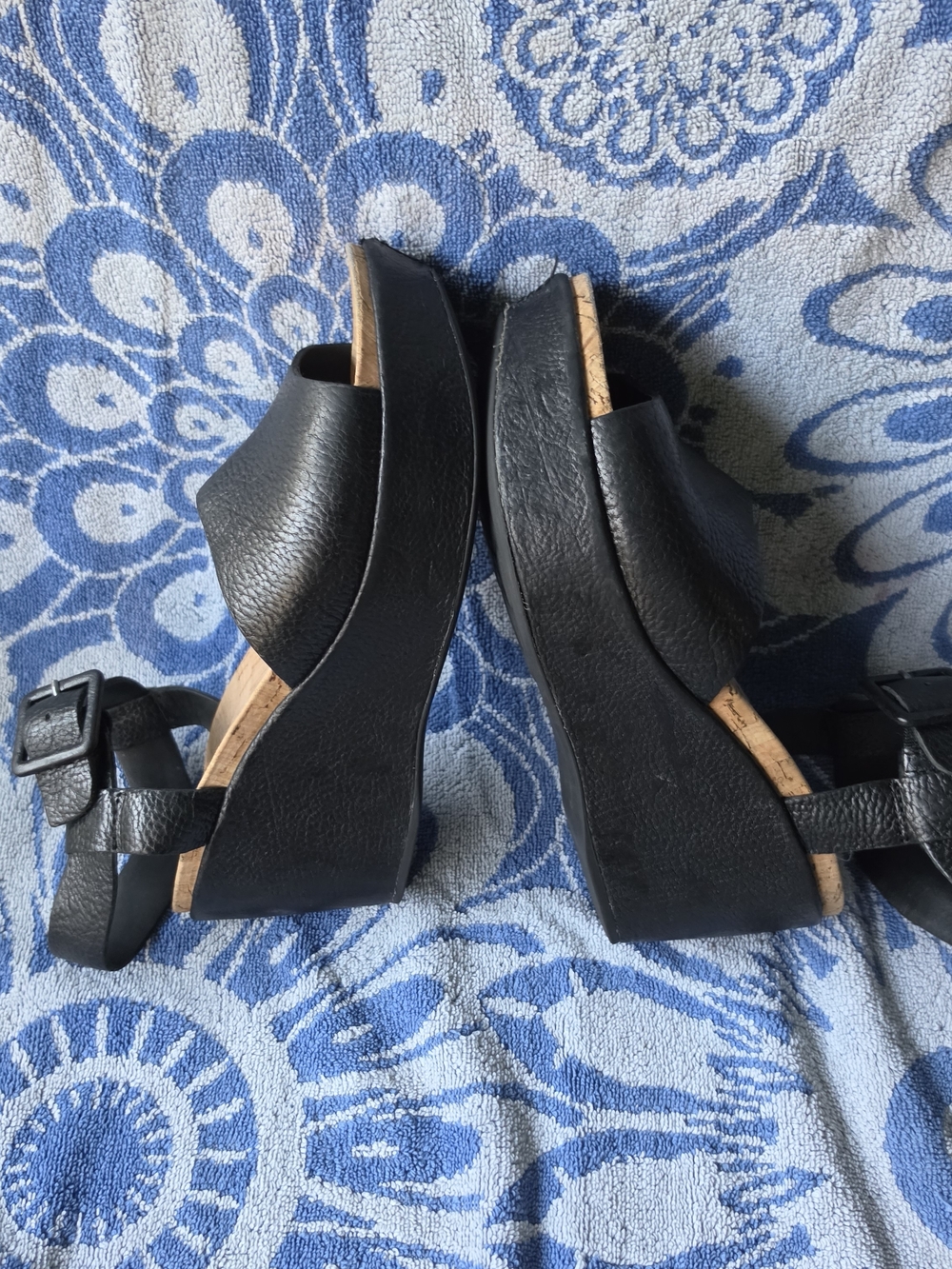 Women's Black Cork Wedge Sandals - Classic Open-Toe - Picture 7 of 8